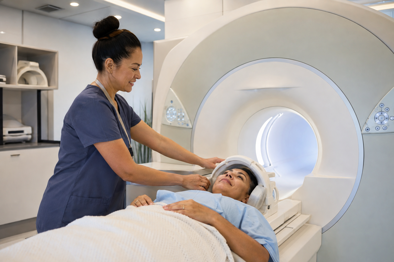 A patient receiving an MRI scan in a modern diagnostic suite