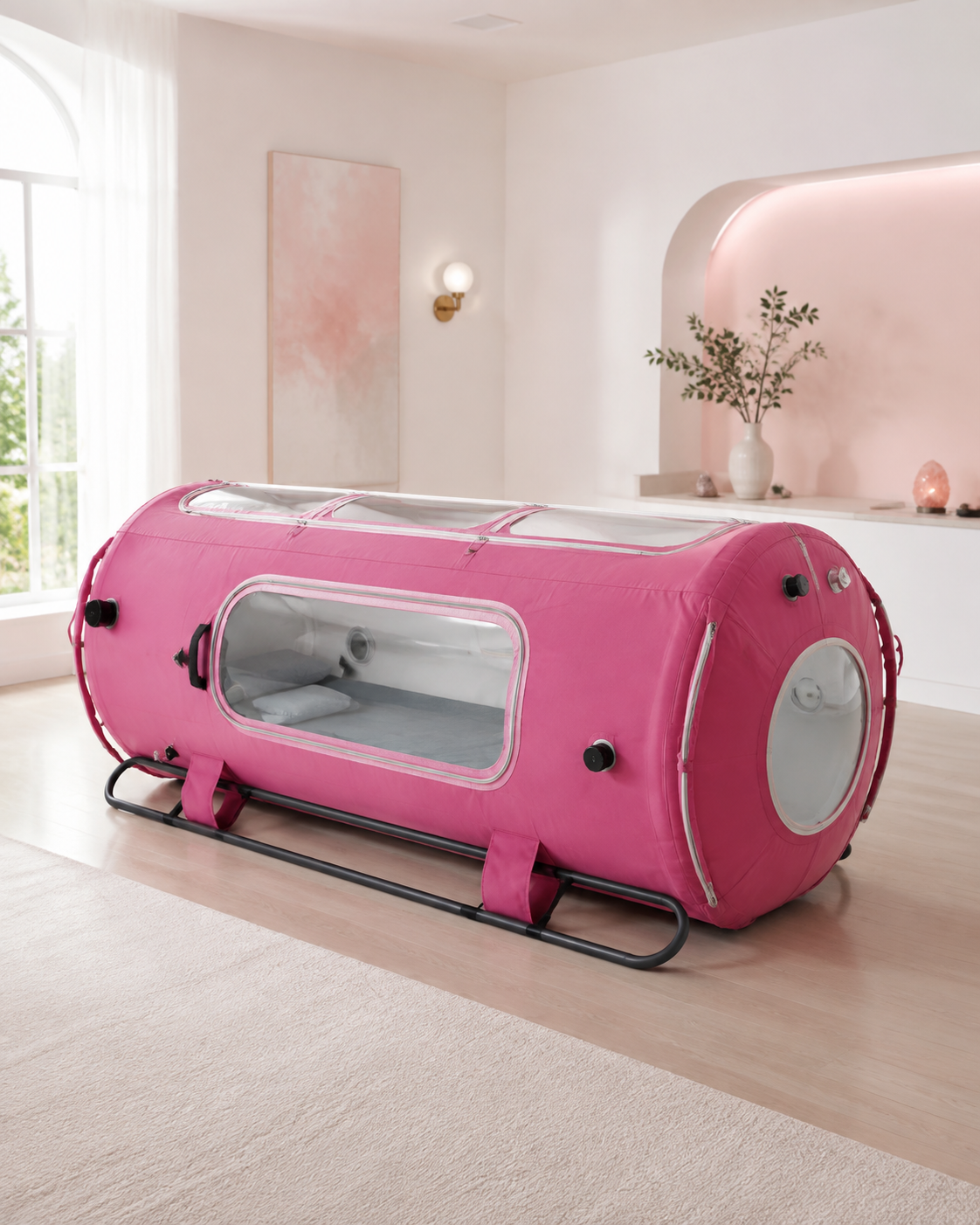 Unbranded pink soft-sided hyperbaric oxygen chamber in a calm clinical room