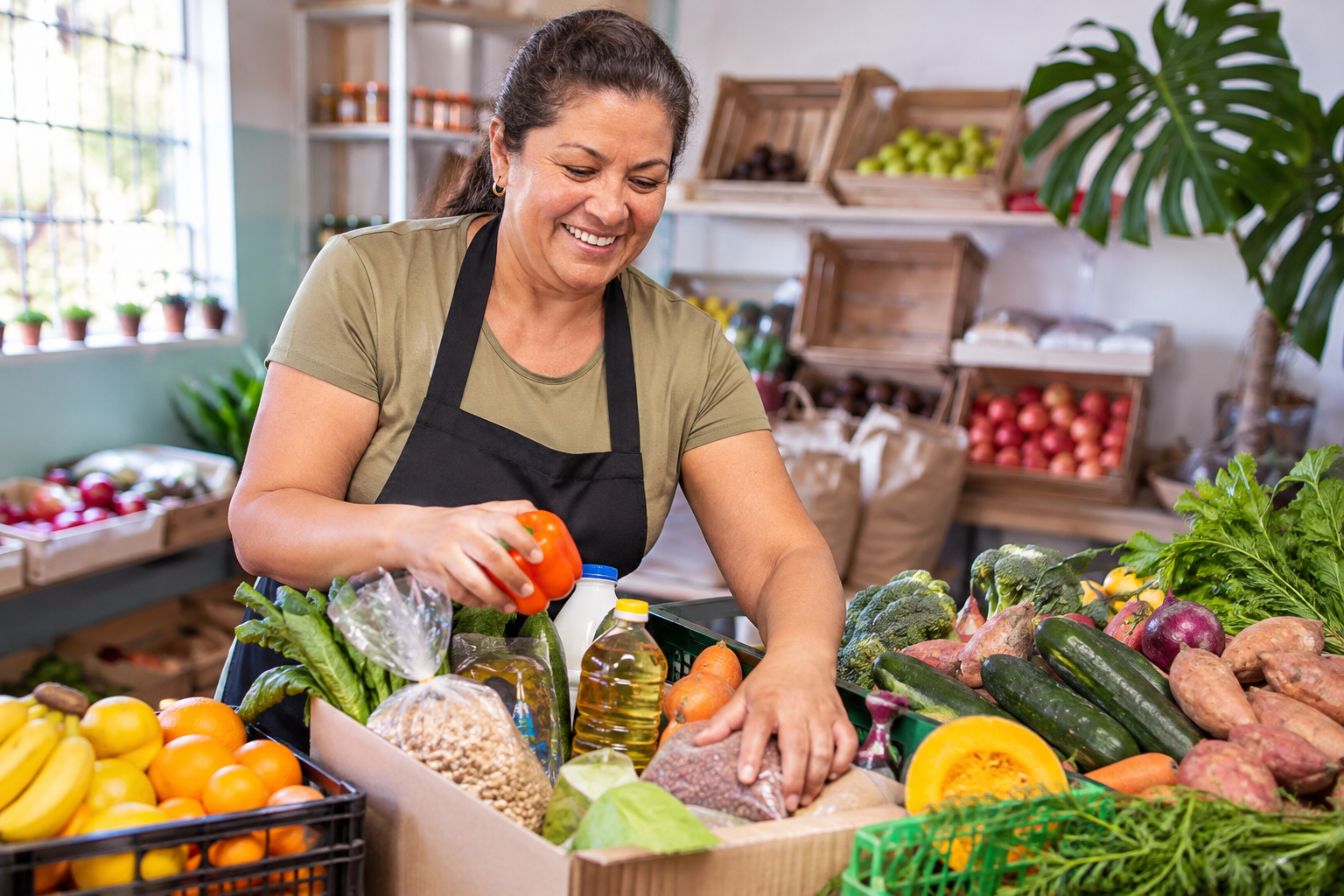 A smiling Coloured South African community volunteer providing fresh food and groceries