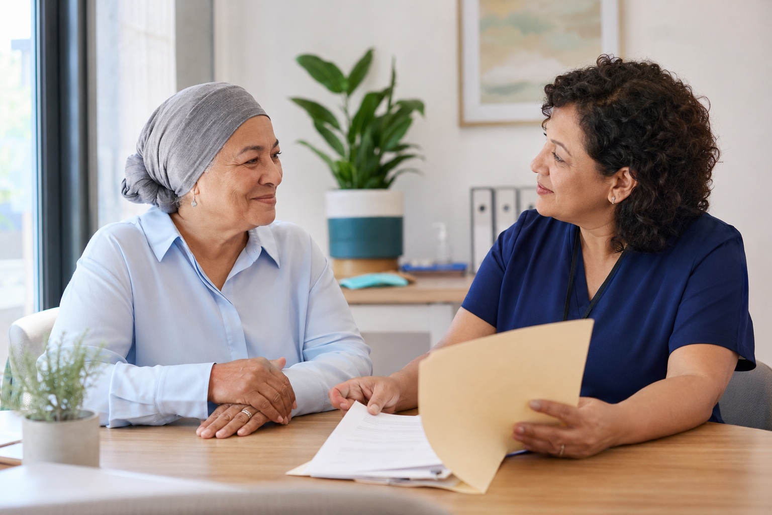 A healthcare professional speaking compassionately with a Coloured South African patient