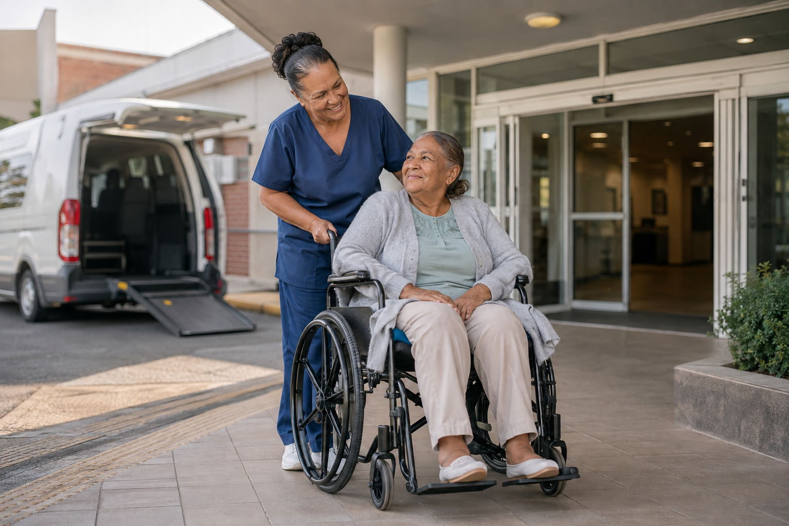 A nurse helping a patient travel through a hospital corridor in a wheelchair